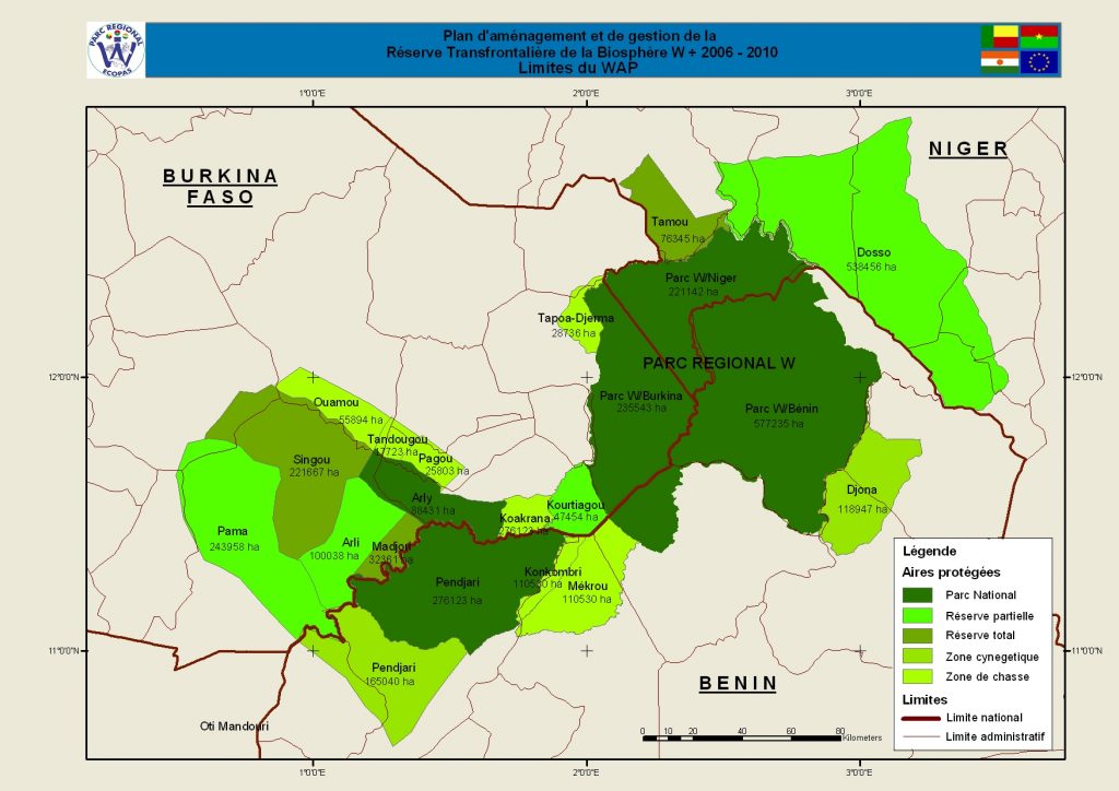 Carte du WAP, complexe international protégé qui comprend le W, le parc d'Arly et la Pendjari